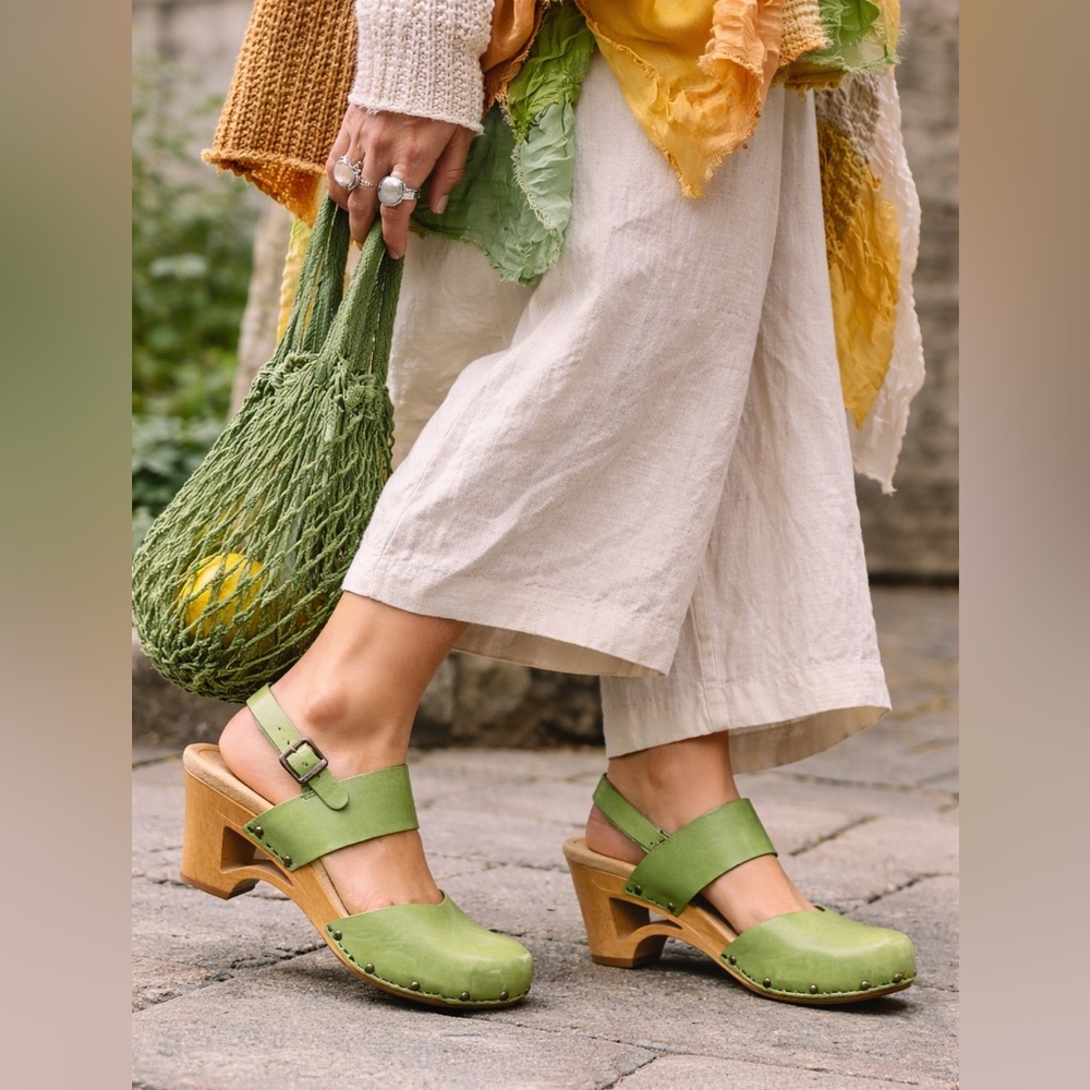 Dansko Green Leather Clog Mules with Wood Heel